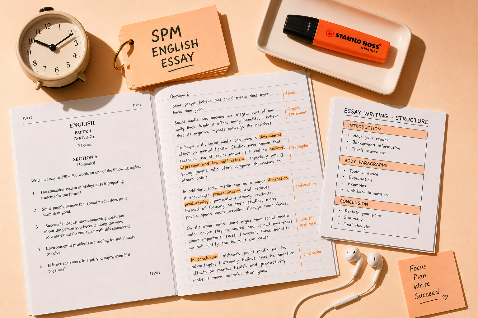 SPM English paper and study notes on a desk