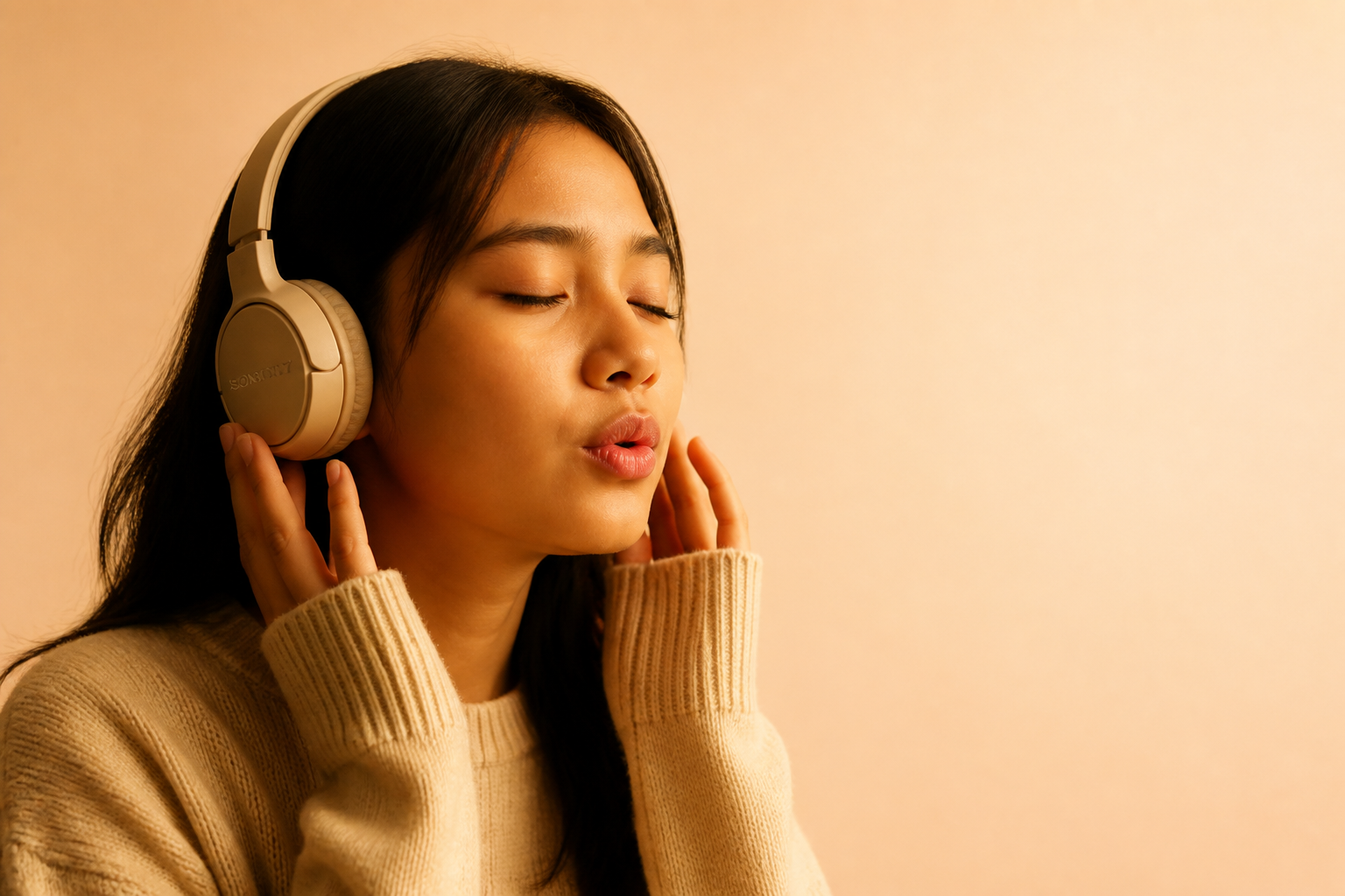 Student in headphones quietly mouthing words