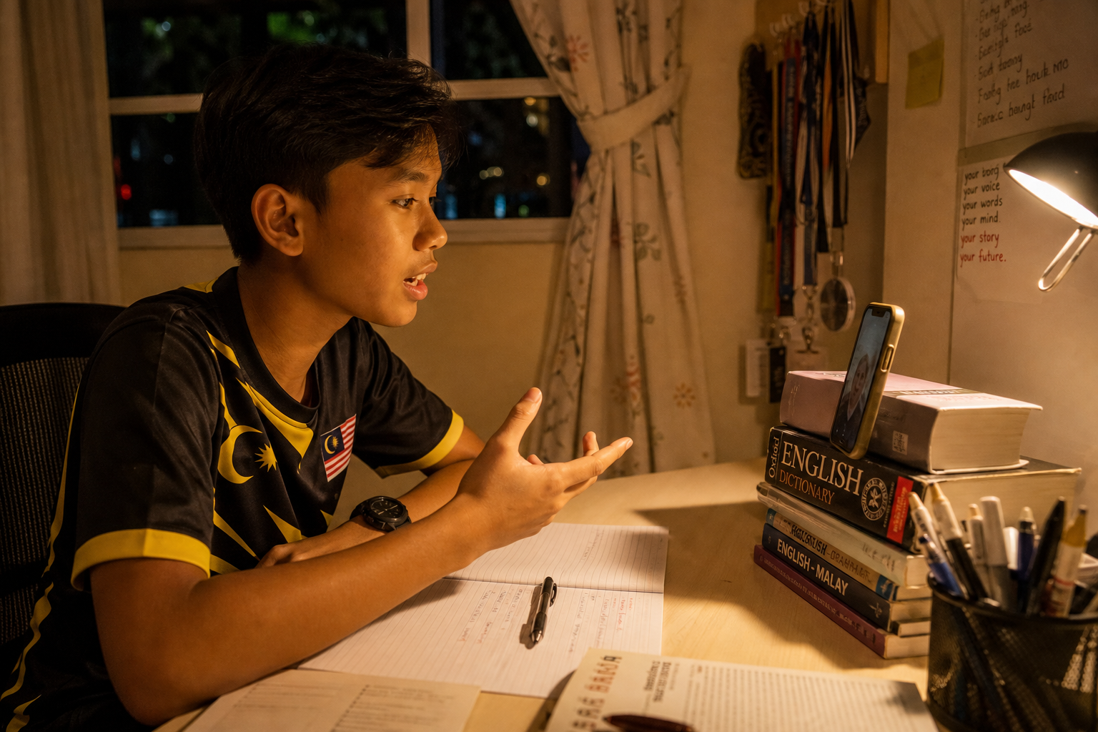 Student practising spoken English at a desk at night
