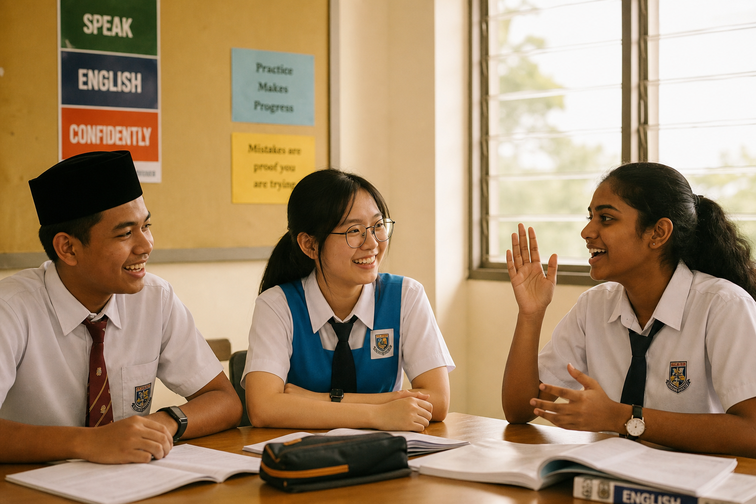 Three students practising English around a classroom table